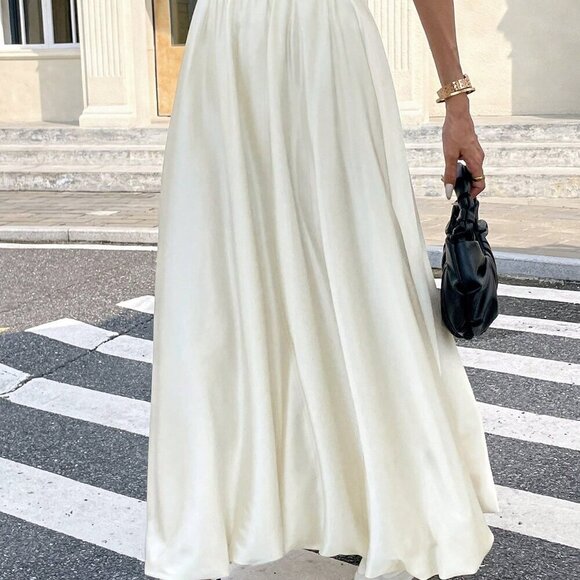 Beige Casual Women's Satin Pleated Bubble Long Skirt - Picture 4 of 13